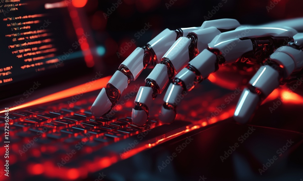 Aufkleber futuristic robotic hand typing on illuminated keyboard in dark environment