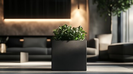 Modern matte black square fiberstone planter, placed in a stylish indoor lounge with dim moody lighting, soft spotlights highlighting its texture, blurred high-end furniture in the background