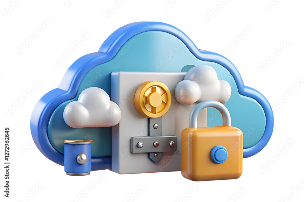 Poster secure cloud data storage 3d render of cloud, vault, and padlock