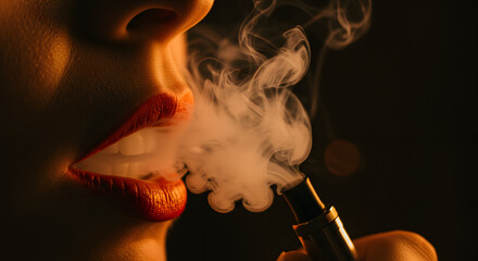 Fototapeta premium photograph of lusciously woman red lips exhaling smoke vape