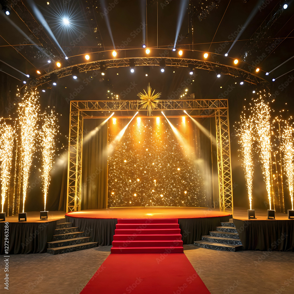 Fototapete a luxurious golden stage background adorned with sparkling glitters and illuminated by vibrant spotl