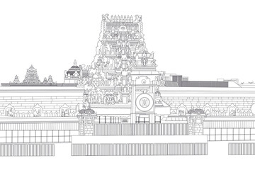 A detailed line drawing of Venkateswara Temple, Tirumala, highlighting its grand gopuram adorned with intricate sculptures and architectural details, capturing the essence of this sacred Hindu shrine.