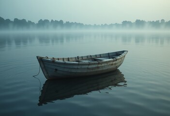 Serene waters, boat resting on the tranquil surface in the misty morning calm