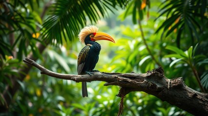 Obraz premium Wreathed Hornbill on Branch - Southeast Asian Forest - AI Photo