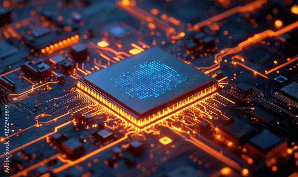 Poster high-tech microprocessor on circuit board with glowing connections and intricate design