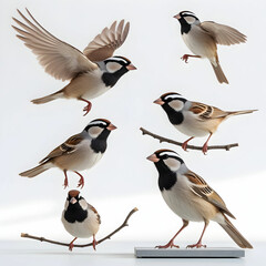 Obraz premium A collection of house sparrows depicted in various poses, including flying and perching.
