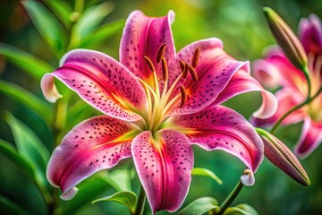 Close-up: A stunning pink tiger lily reigns, its intricate details showcased in a rule-of-thirds floral macro.