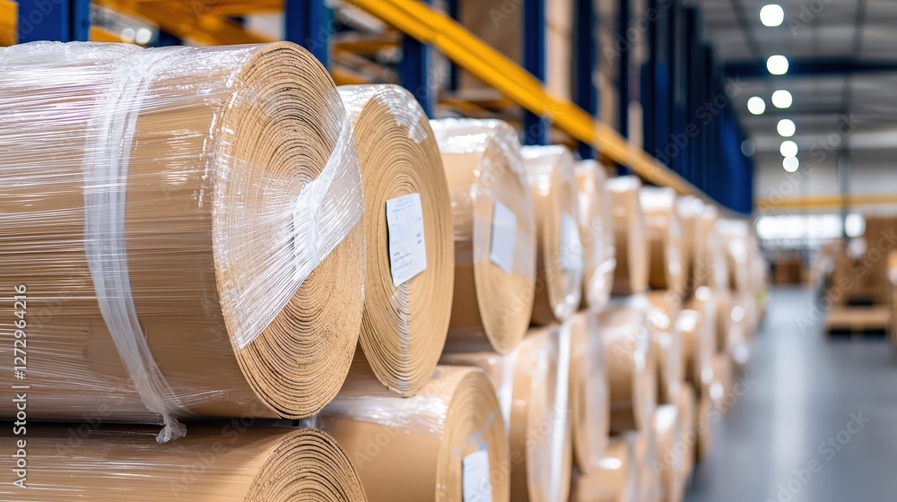 Poster a close-up view of neatly stacked rolls of paper wrapped in plastic, stored in a spacious warehouse 