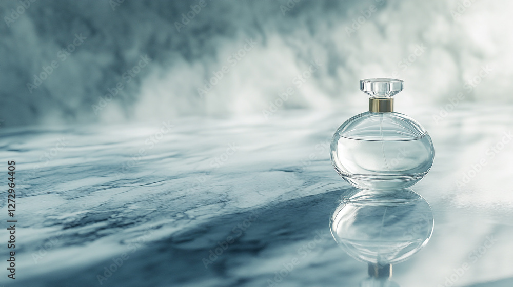 Poster delicate perfume bottle resting on a marble surface, reflecting soft light in a tranquil and elegant