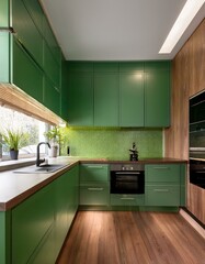 Green kitchen with counters and bar