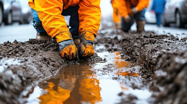 Workers patching muddy street potholes, city street scene