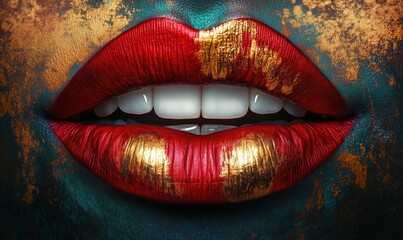 Vibrant red lips with golden accents against textured colorful background