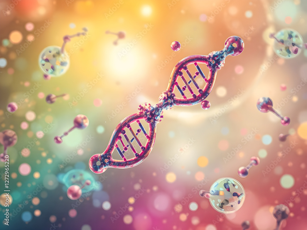 Poster 3d render of dna molecule on colorful bokeh background