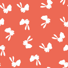 Seamless pattern with white silhouette Easter rabbits on color background. Design for card, postcard, wallpaper, fabric, textile. Vector stock illustration. Cartoon style.