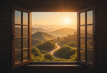 Open window revealing a scenic mountain landscape during a golden sunset hour
