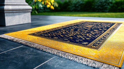 An ornate rug rests on an elegant outdoor tiled surface