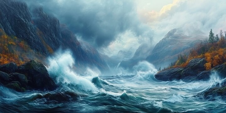 Dramatic ocean waves crashing against rocky shore in a misty mountainous landscape