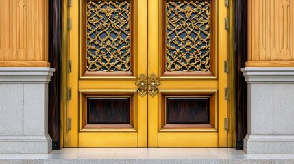 Obraz premium Ornate golden doors featuring intricate designs and adjacent stone pillars