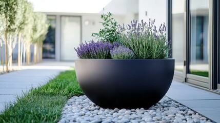 Modern, sleek black steel planter for outdoor use in front of an office entrance door with white walls and glass windows.