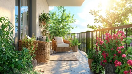 Serene Balcony Garden Oasis: A sun-drenched haven of tranquility, inviting relaxation amidst vibrant greenery and blooming flowers. Perfect for morning coffee or evening unwinding.