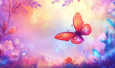 Colorful butterfly in dreamy floral landscape with soft pastel hues and glowing lights
