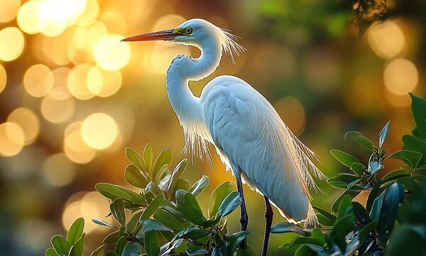 Majestic white heron perched on lush greenery against a shimmering golden sunset backdrop