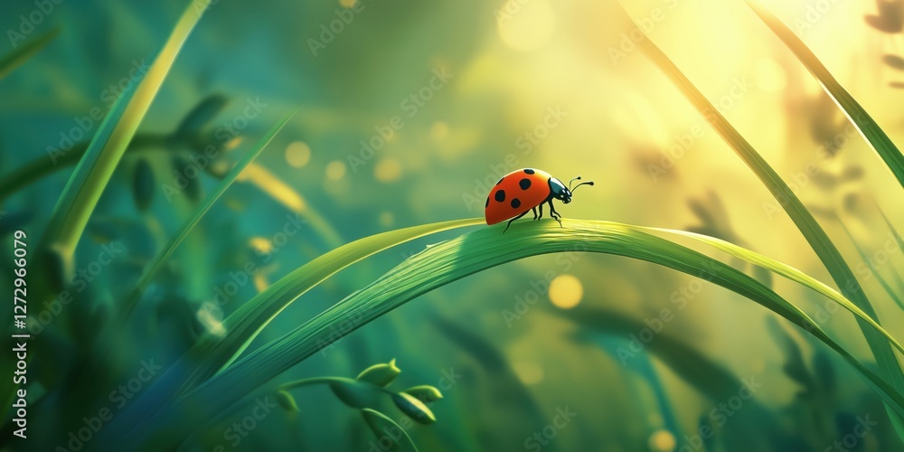 Poster ladybug on green grass in sunlight with soft bokeh background