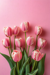 Obraz premium Photorealistic arrangement of pink tulips on a blush background, perfect for Women's Day, Mother's Day, or Valentine's Day celebrations and social media posts.