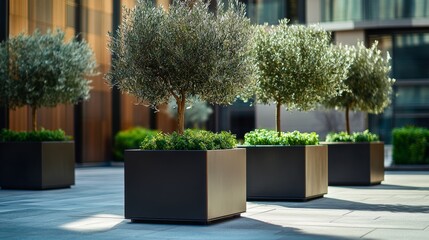 Modern square planters with olive trees, set on an outdoor patio. The plants add greenery to the space and bring life into it.