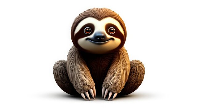 Charming 3D sloth with a friendly smile and detailed fur on a white background
