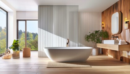 White and wooden bathroom interior, tub and sink