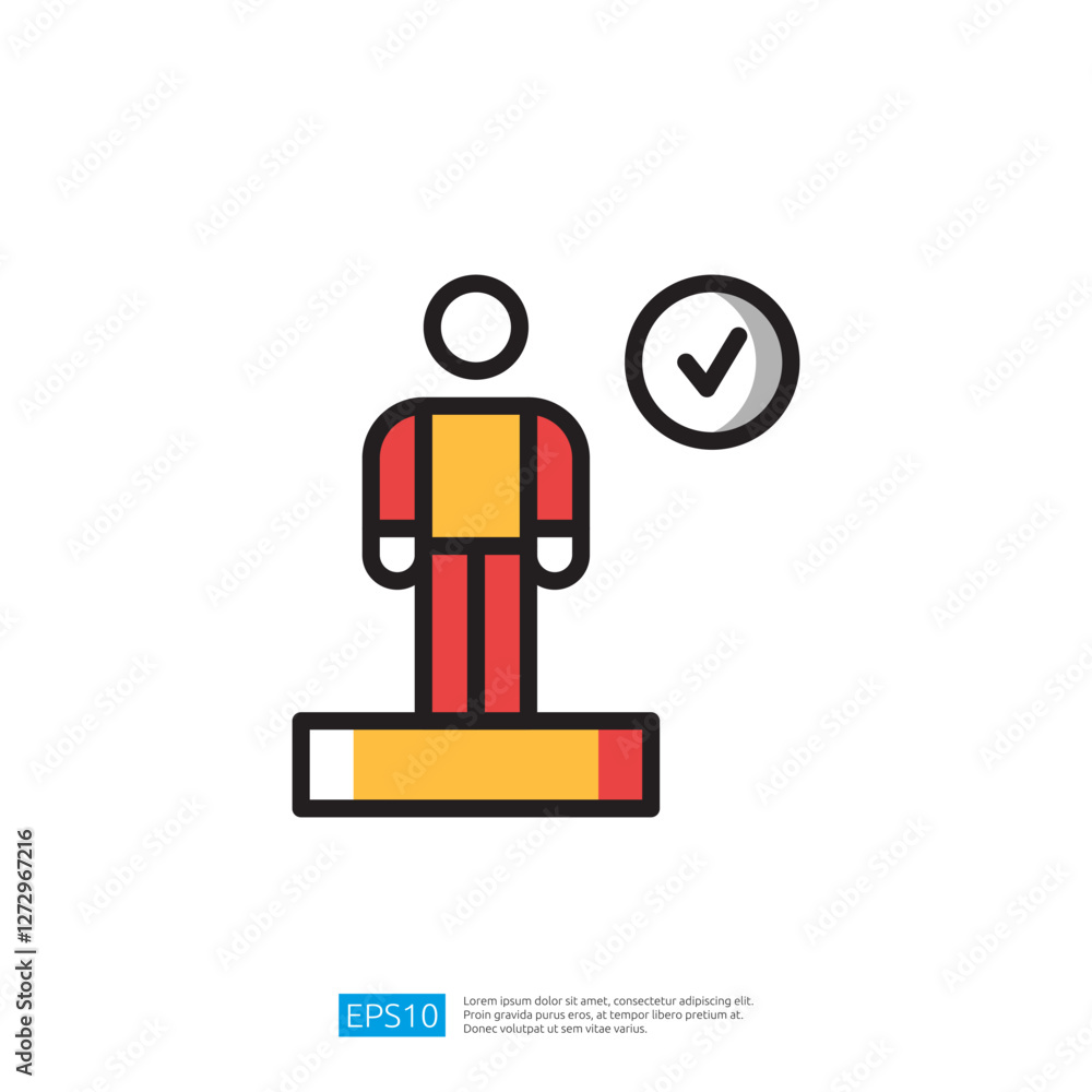 Poster minimalist icon of a person standing on a platform with check mark in orange and red color palette s