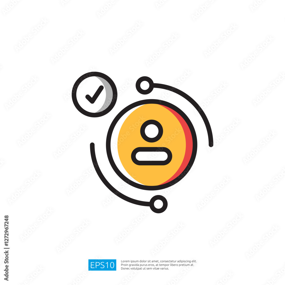 Poster minimalist icon for approved user profile with circular motif and checkmark symbol graphic design el