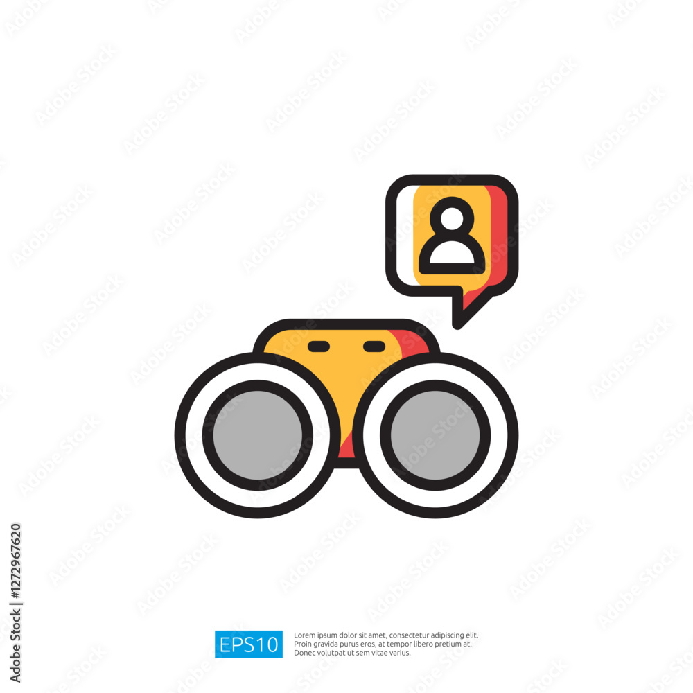 Poster minimalist icon of binoculars with user icon in speech bubble with illustration of data insights in 