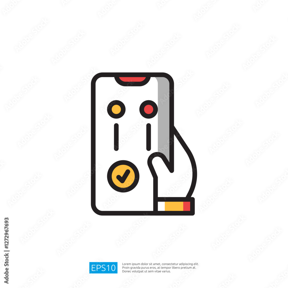 Aufkleber hand holding mobile phone with colorful interface elements and control sliders on the screen. a styl