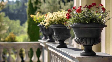 schwarzer quadratischer matt schwarzer fiberstone blumentopf auf balkon villa italien