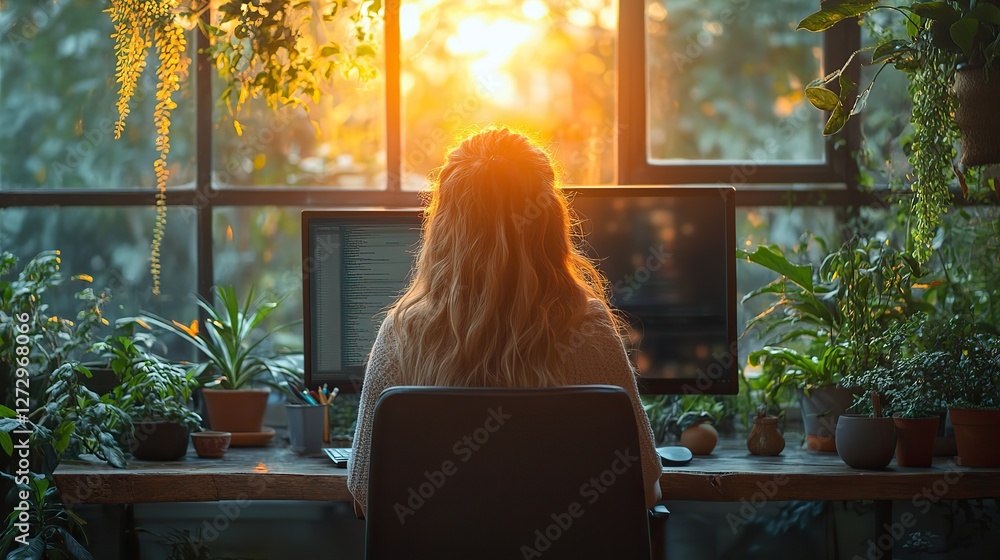 Poster home office setting with woman working on personal computer comfortable remote work environment with