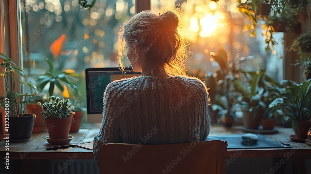 Poster home office setting with woman working on personal computer comfortable remote work environment with