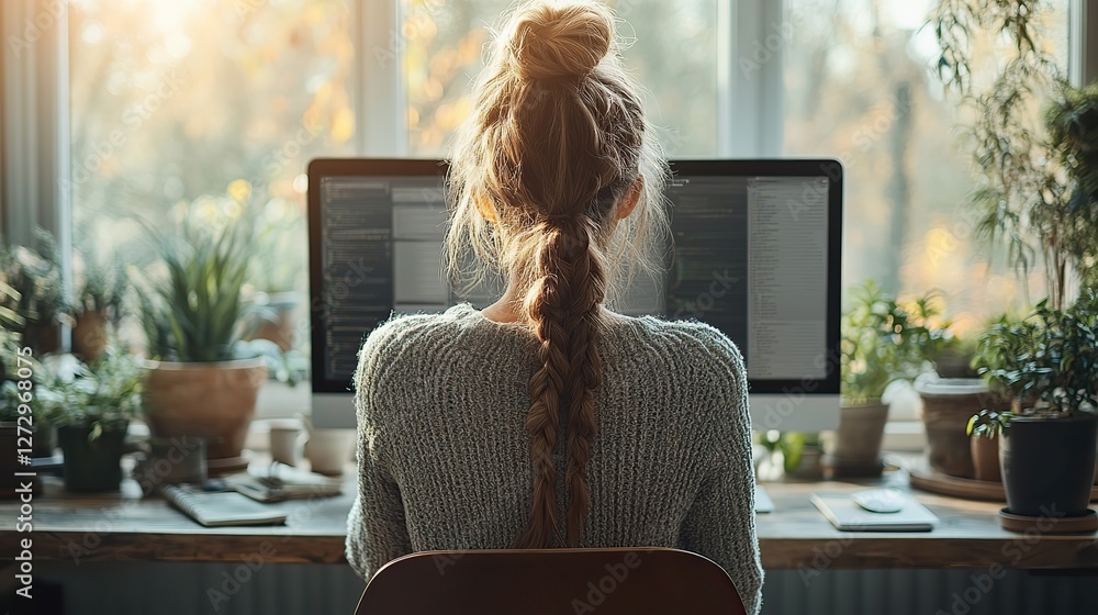 Poster home office setting with woman working on personal computer comfortable remote work environment with
