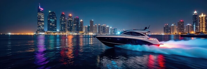 Obraz premium High-speed boats speeding across Dubai Marina at night, nighttime, fast boat