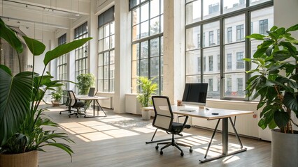 Fototapeta premium Modern Minimalist Office Interior with Bokeh Effect, Spacious Design, Natural Light, Green Plants, Coworking Space, Contemporary Furniture, Elegant Workspace, Copy Space, Tranquil Environment