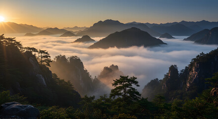 Sunrise Over Misty Mountains and Trees Landscape with Golden Light