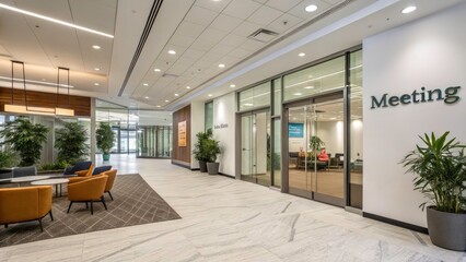 Obraz premium Modern Office Lobby with Meeting Rooms and Spacious White Wall for Corporate Ambiance