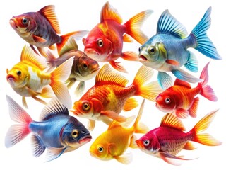 High-resolution stock photo: colorful goldfish against a stark white background. Urban exploration aesthetic.