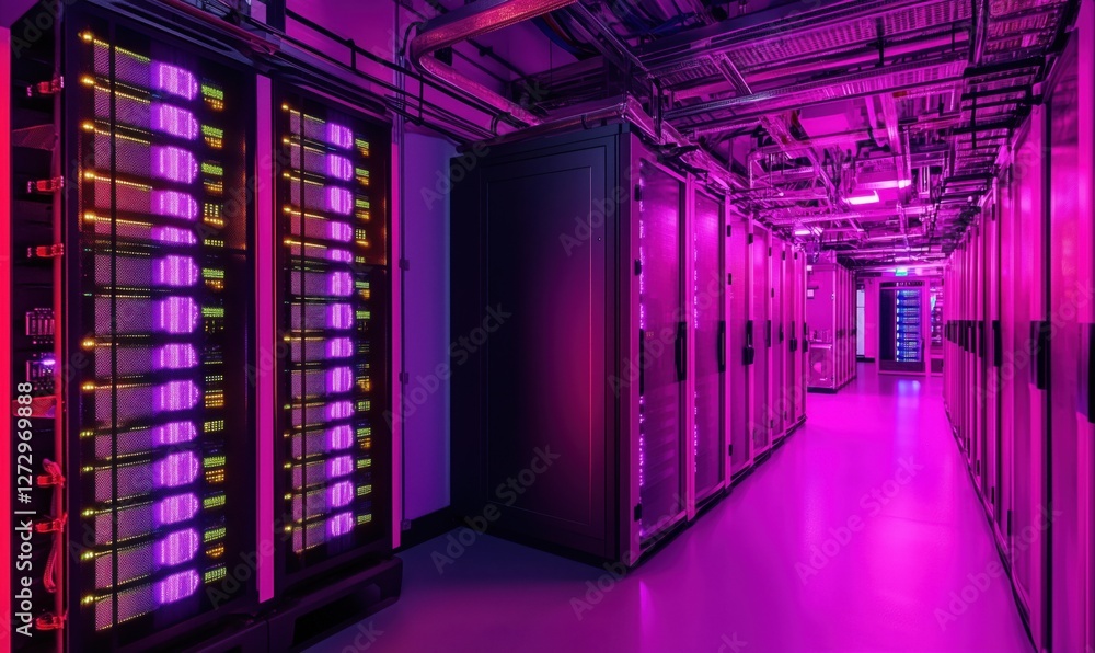 Poster High-tech data center with illuminated server racks and modern infrastructure