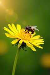 Hoverfly rests on a bright yellow dandelion flower, pollination, bee mimicry, insect life