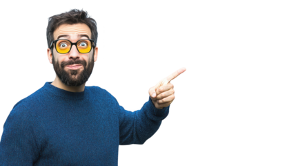 Confident man with beard and glasses points directly at the camera