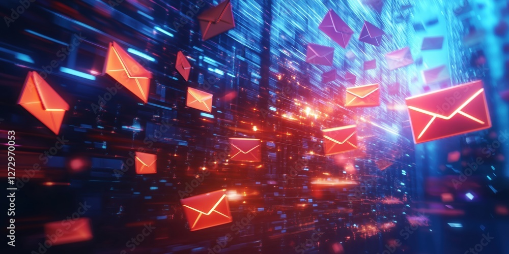 Poster digital mail concept with flying red envelopes in a futuristic data environment