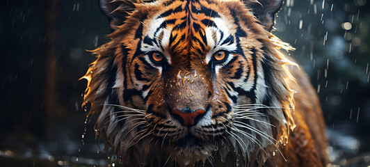 Obraz premium A detailed and realistic depiction of a tiger character standing in the pouring rain , ai generative