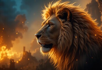 Fototapeta premium Majestic lion in dramatic sunset background with warm colors